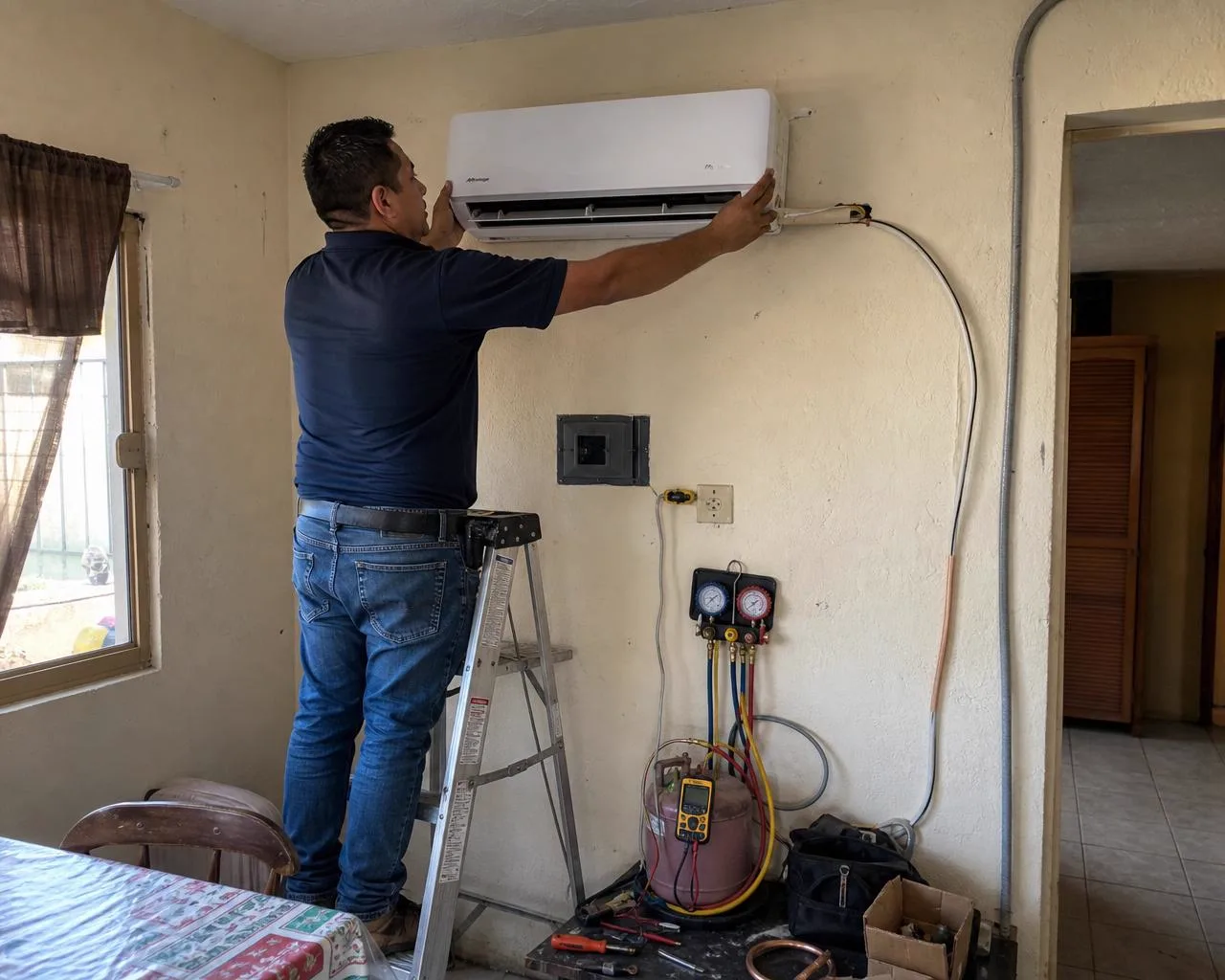 Servicio de aire acondicionado en Hermosillo, Sonora con técnico revisando minisplit